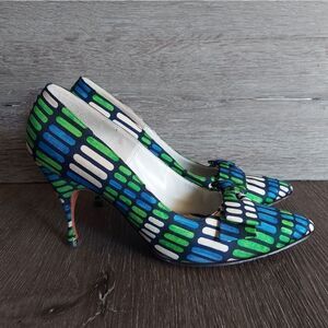 Vintage 1950's Herbert Levine Blue, Green & White Bow Pointy Pumps 7.5AA